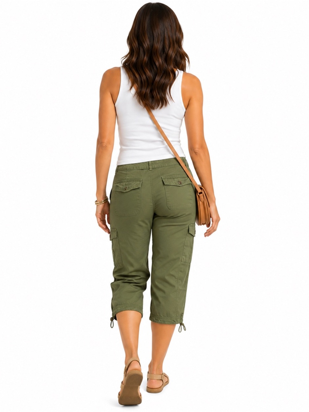 Time and Tru Olive Green Utility Drawstring Hem Cargo Capri Pants Size 14 - Picture 2 of 8